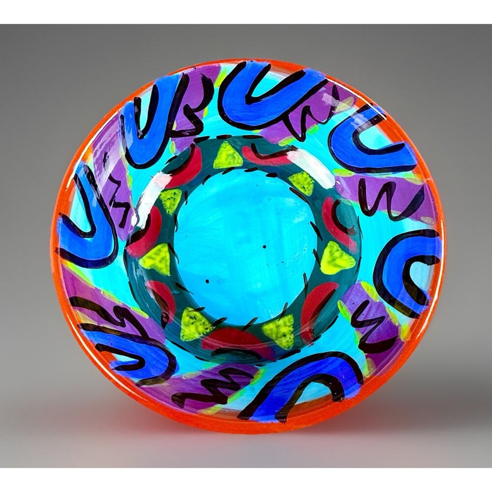 Janet Hoelzel Studio Pottery Bowl Large 9.25” Handmade Postmodern Memphis OOAK